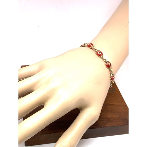 Red Lady Bug Bracelet 14k Yellow Gold Chain Women's 6.5'' Wrist Estate Jewelry - Picture 6 of 13
